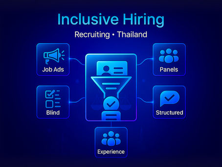 Inclusive hiring in Thailand for recruiters and HR. Neon tech cover (deep navy→indigo) shows a “Fairness Core”: resume enters bias-filter funnel (name/photo masked) and exits as a skills-based checklist. Surrounding glass tiles highlight: welcoming Job Ads, Blind screening, Structured interviews, Diverse interview panels, and a respectful Candidate experience. Clean white/ice-blue UI with thin neon connectors and Bangkok skyline—ideal for DEI recruiting, employer branding, and fair, unbiased talent acquisition.