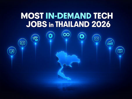 Map of Thailand with tech icons. Text: "Most In-Demand Tech Jobs in Thailand 2026" in blue on a dark background, highlighting future trends.