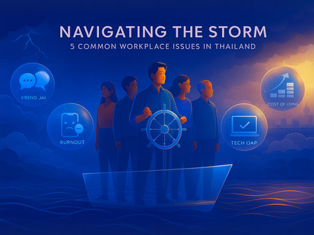 Men and women on a boat hold a wheel, symbolizing leadership. Text: Navigating the Storm; workplace issues in Thailand. Blue, orange hues.