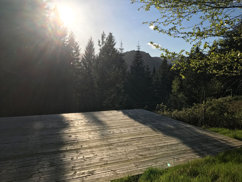 Our yoga platform in the mountain forest Grasmere. Yoga retreats with a difference.