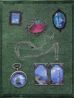 A collection of miniature artworks in the form of Victorian jewelry from A CHRISTMAS CAROL illustrated in oil pastel by artist John A. Rice. The colorful miniature artworks are spread across a green cloth book cover. The style is Victorian, impressionism, and symbolism. The genre is spiritual art, mystical art, metaphysical art, occult art, esoteric art, visionary art, meditative art, intuitive art.