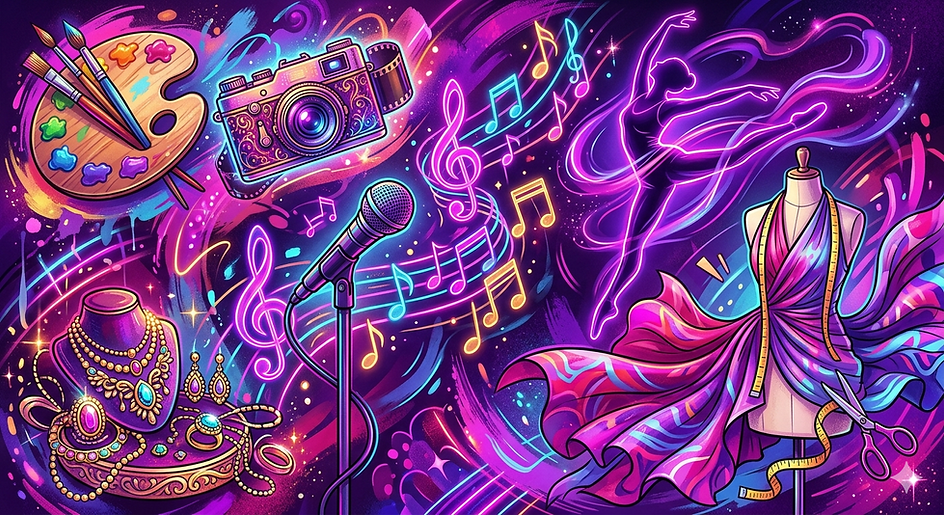 A stylized collage of a dancer, a microphone, and paintbrushes in neon purple and pink