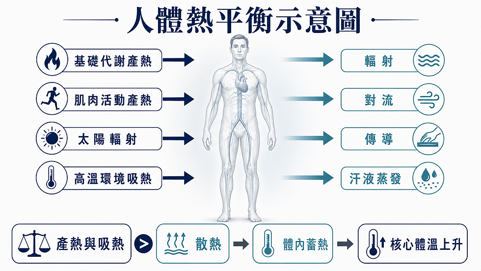 人體熱平衡示意圖：產熱與吸熱＞散熱 → 體內蓄熱 → 核心體溫上升