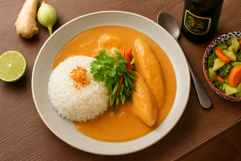 Teller mit gegrillten Chicken Satay, Reis und Dip.