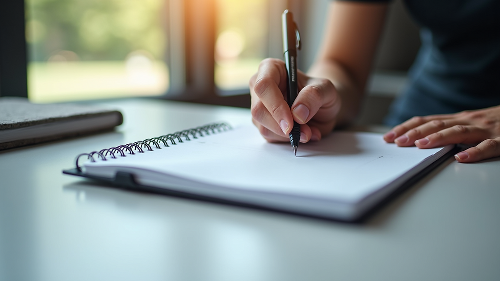 Close-up view of a fitness planner with a pen