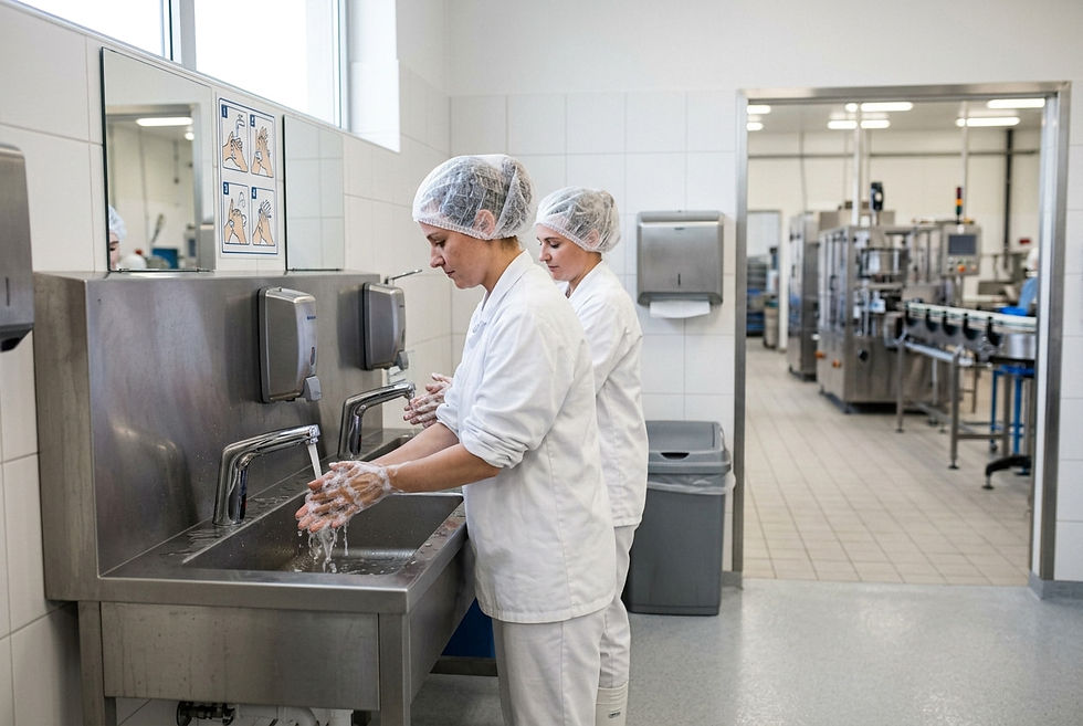 Food factory workers washing hands at a hygiene station before production