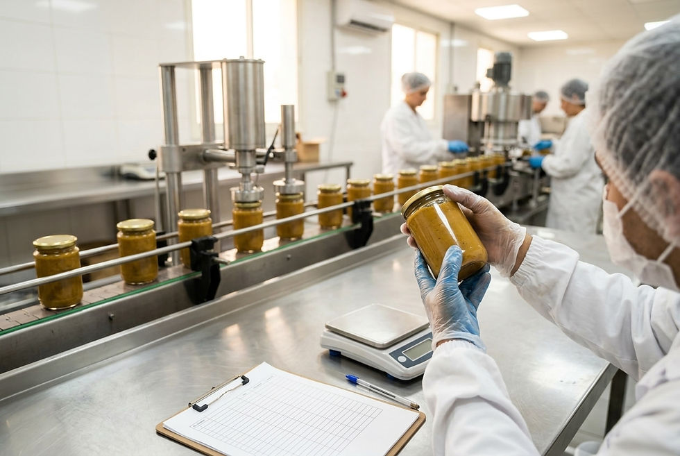 Quality inspection of jars during pilot production in a small food factory, a key step when commercializing a food product in Lebanon.