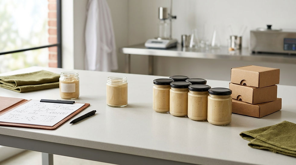 Food product progressing from prototype jar to finished packaged jars ready for market, representing the steps to commercialize a food product in Lebanon.