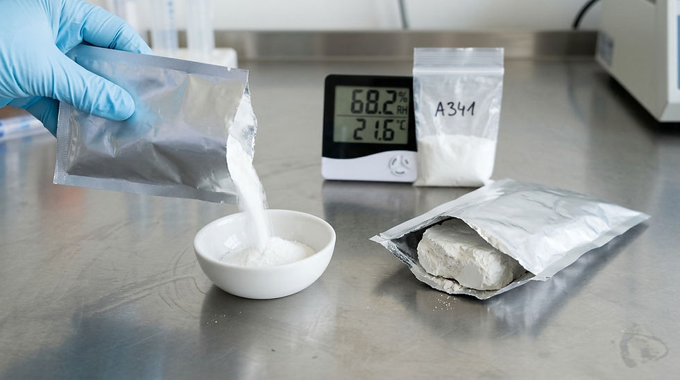 Free-flowing drink powder beside a caked sample in sachets, showing the effect of moisture on electrolyte powder packaging
