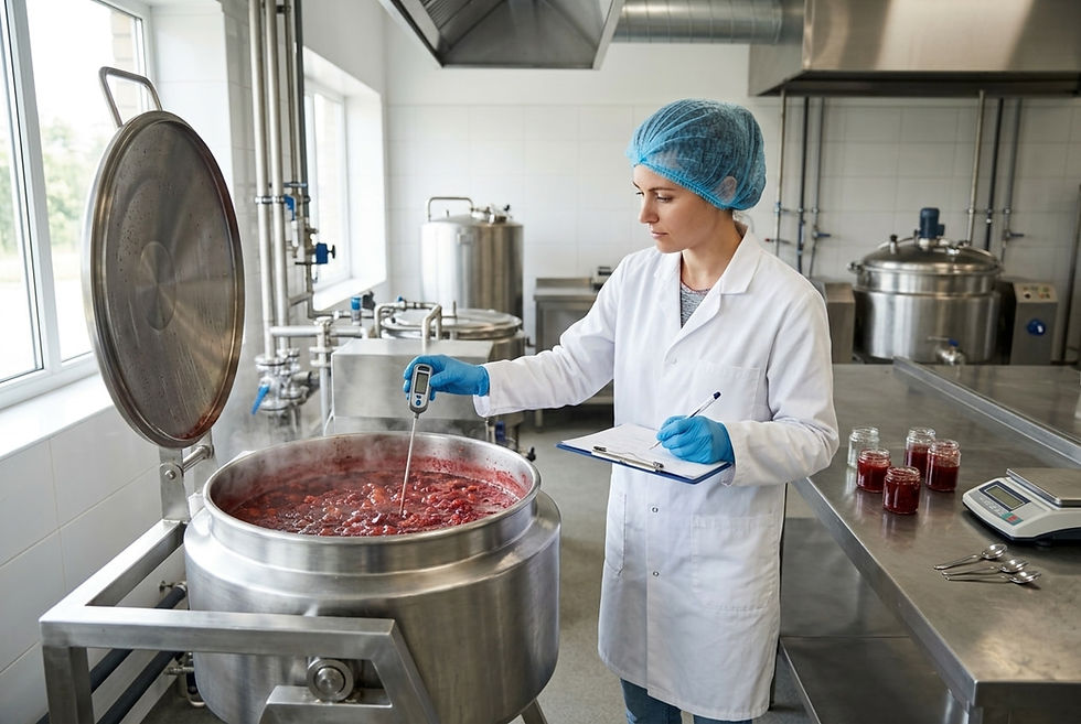 Pilot trial of a food product in a stainless-steel kettle, with a technologist recording temperature before commercial scale-up