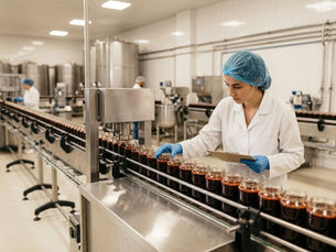 Food technologist inspecting jars on a production line while learning how to scale food production in Lebanon