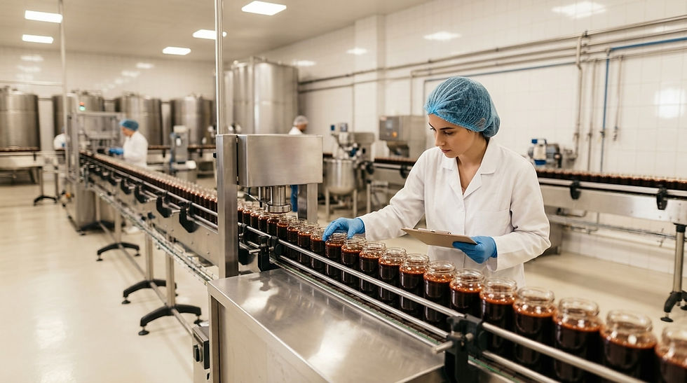 Food technologist inspecting jars on a production line while learning how to scale food production in Lebanon