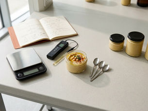 Food product prototypes, a pH meter and notes on a lab workbench, representing the validation of a new food product idea in Lebanon.