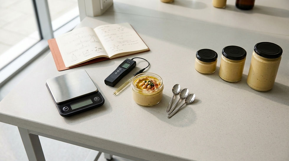 Food product prototypes, a pH meter and notes on a lab workbench, representing the validation of a new food product idea in Lebanon.
