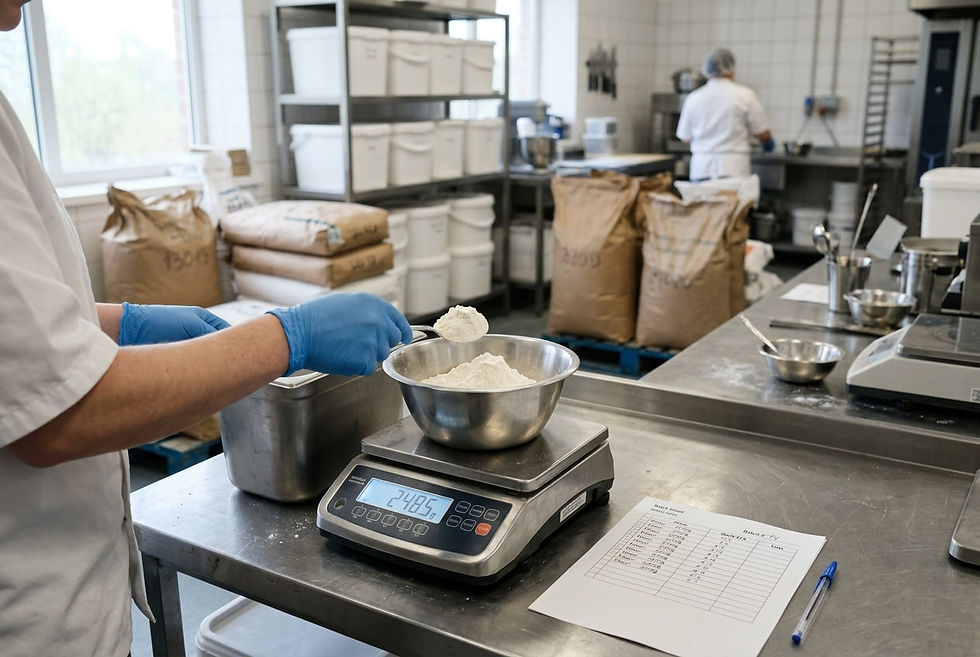 Ingredients being weighed on a digital scale to create a weight-based master formula for a food product