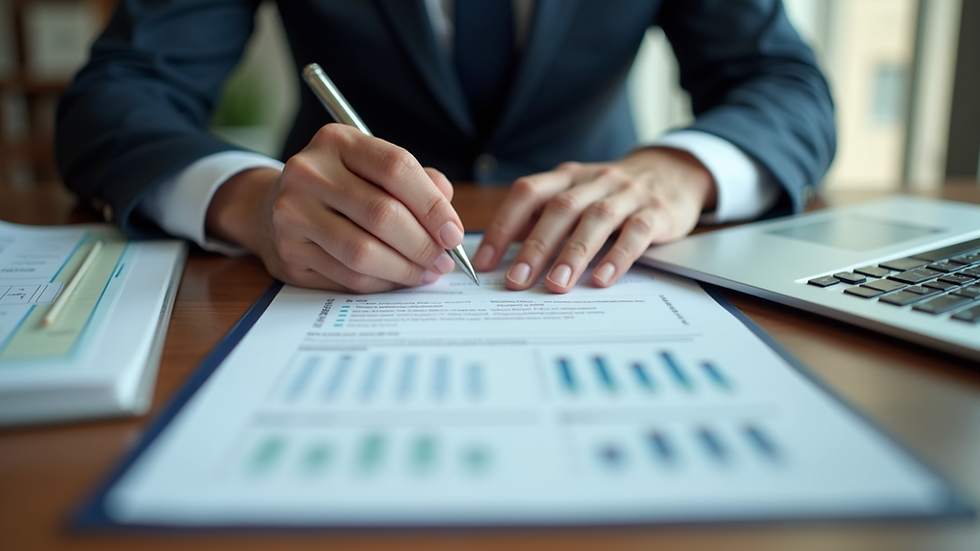 Eye-level view of a small business owner reviewing financial documents at a desk