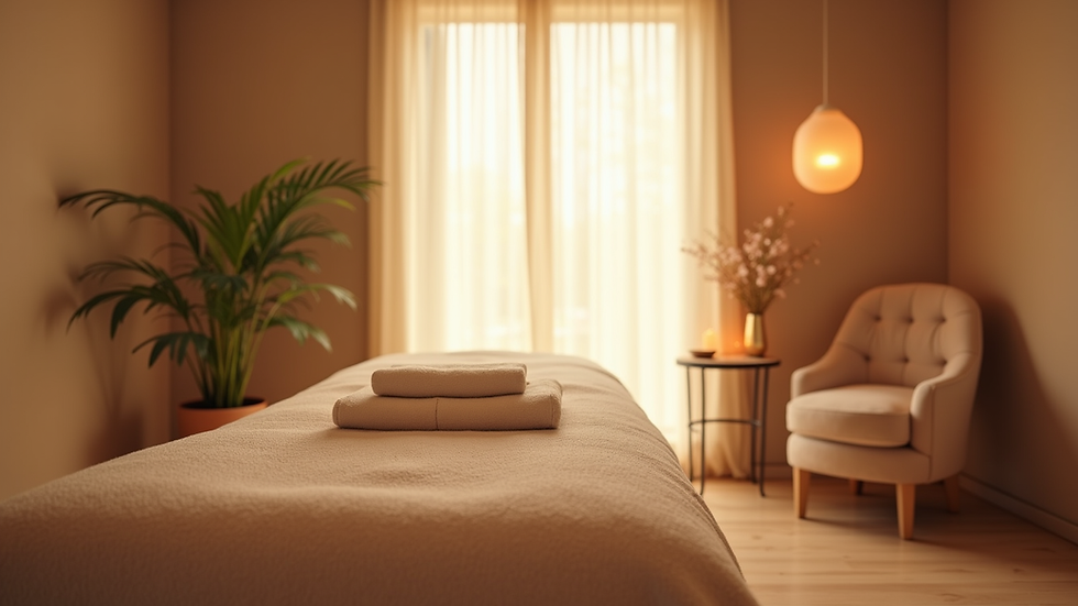 Eye-level view of a peaceful massage room with soft lighting and comfortable massage table