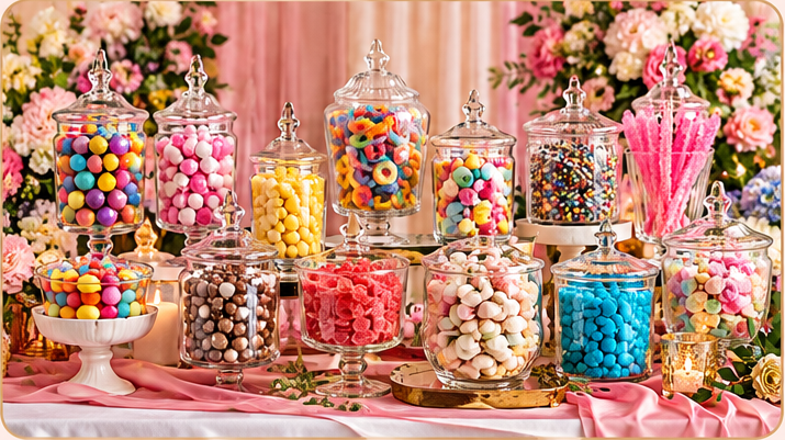 Candy buffet display for 12 candy selections