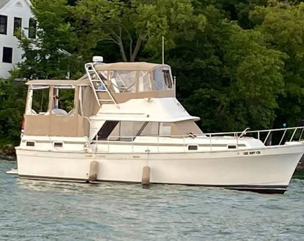 A motor boat sailing close to shore