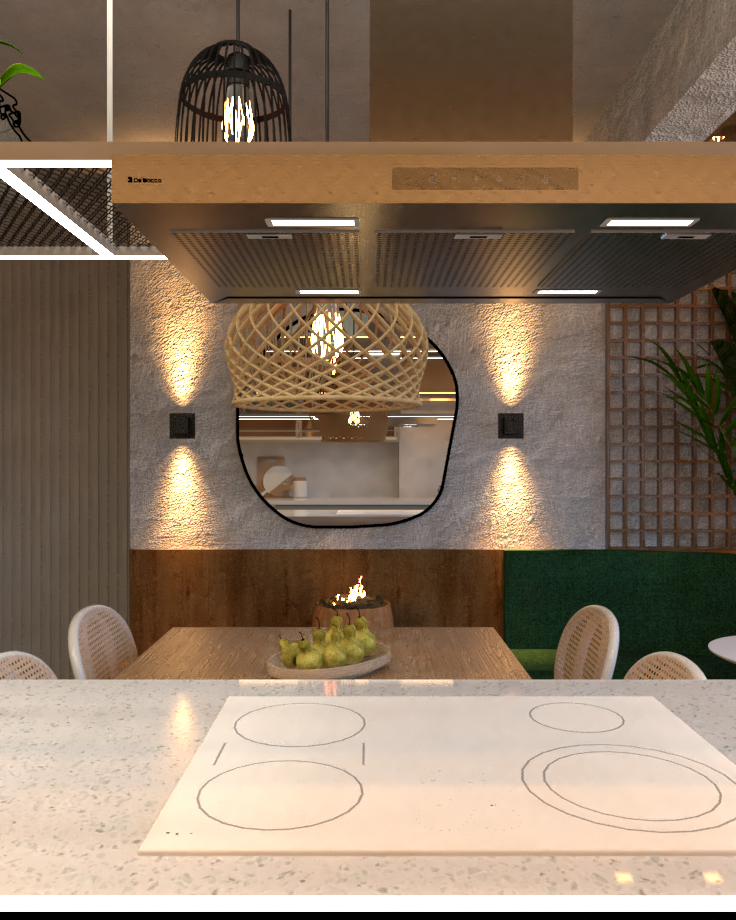 DETALHE ILHA COM COOKTOP INDUÇÃO MIMETIZADO NA PEDRA - COZINHA E JANTAR - PROJETO RA