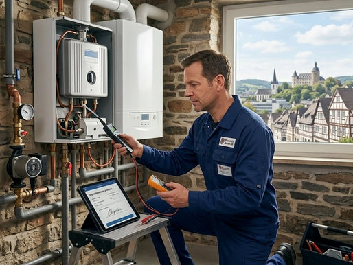 Heizungsinstallateur bei der Wartung einer Therme in einem Haus in Siegen; durch das Fenster ist die charakteristische Siegener Altstadt mit dem Oberen Schloss erkennbar