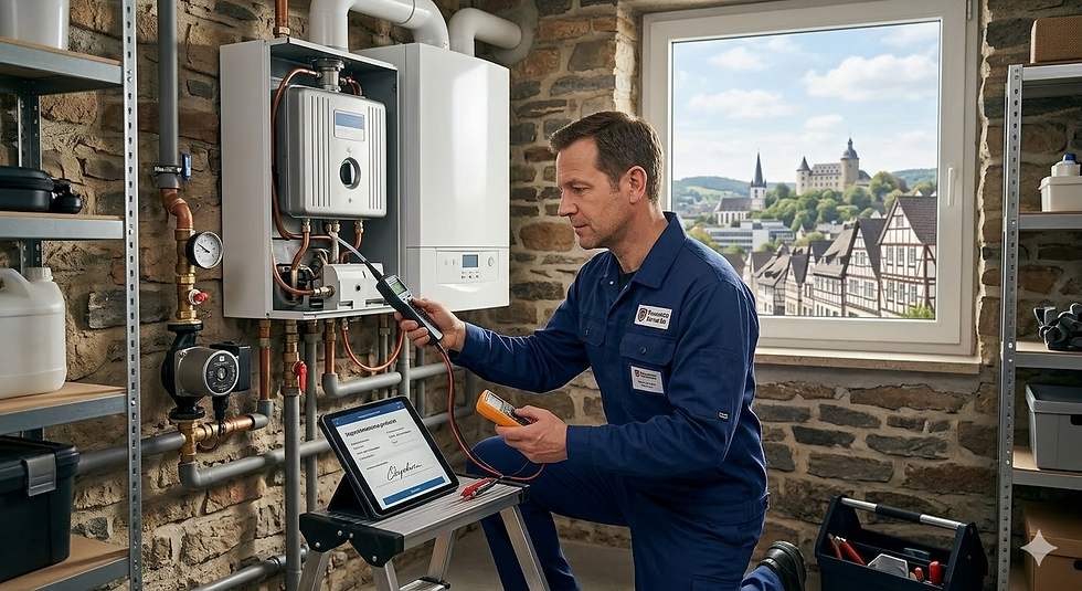 Heizungsinstallateur bei der Wartung einer Therme in einem Haus in Siegen; durch das Fenster ist die charakteristische Siegener Altstadt mit dem Oberen Schloss erkennbar