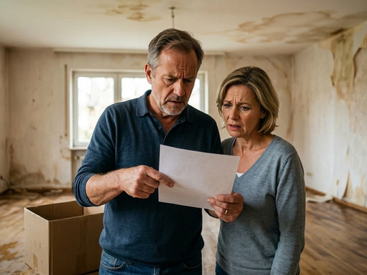 Verzweifeltes Paar in einem beschädigten Haus nach einer Ablehnung durch die Gebäudeversicherung.