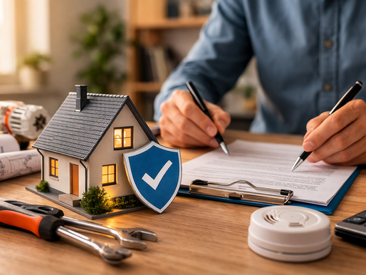 Symbolische Darstellung von Gebäudeversicherung, Wartungspflichten und versicherungsrelevanten Hauswartungen