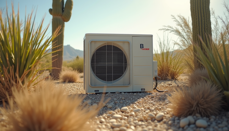 Eye-level view of an outdoor air conditioning unit surrounded by desert landscaping