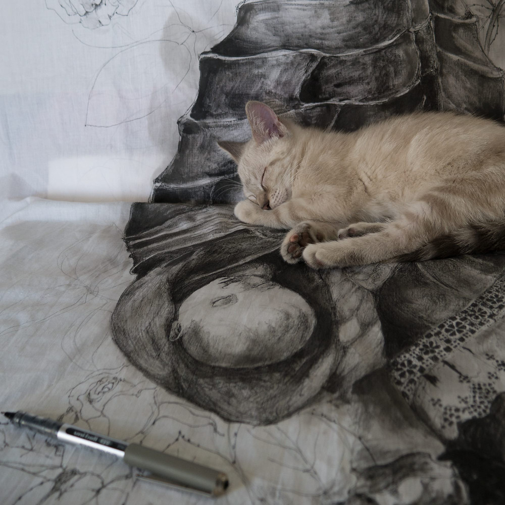 Artiste Peintre, La Rochelle, Isabelle Moulis, Chat, Encre de chine sur tissus