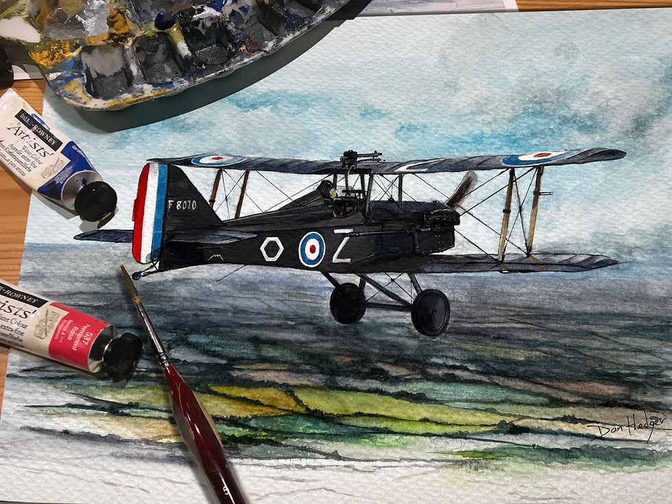 Painting of a vintage RFA biplane flying over the Somerset countryside.