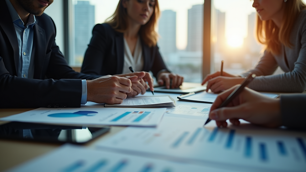 Eye-level view of a team in a meeting analyzing financial data