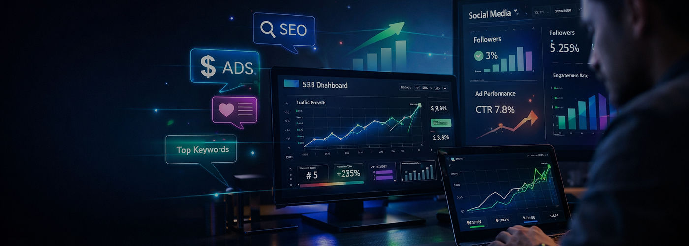 Futuristic digital workspace with AI-powered analytics dashboard, data visualization, and smart business technology