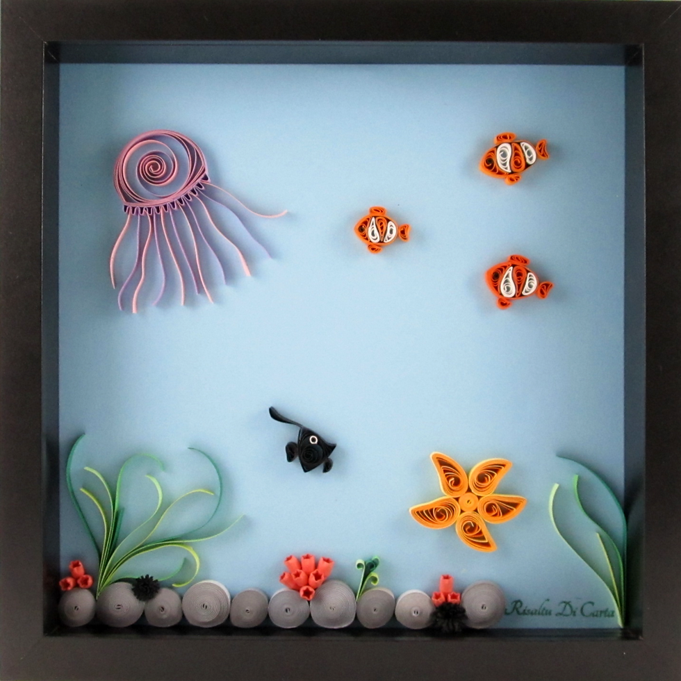 Miniature : Tableau en quilling représentant un fond marin, idéal cadeaux de naissance ou anniversaire