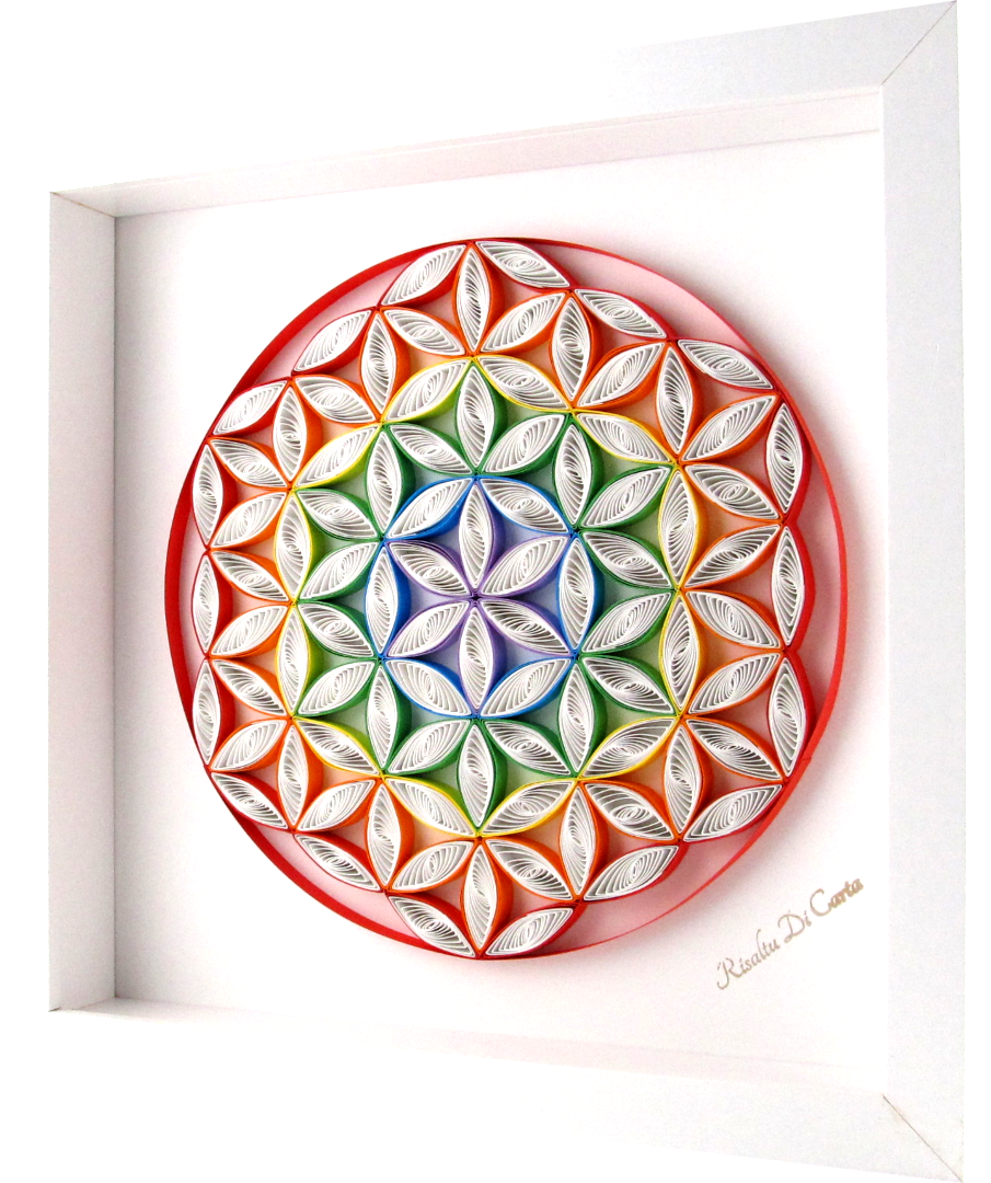 Miniature : fleur de vie en quilling, intérieur violet extérieur rouge /blanc couleur