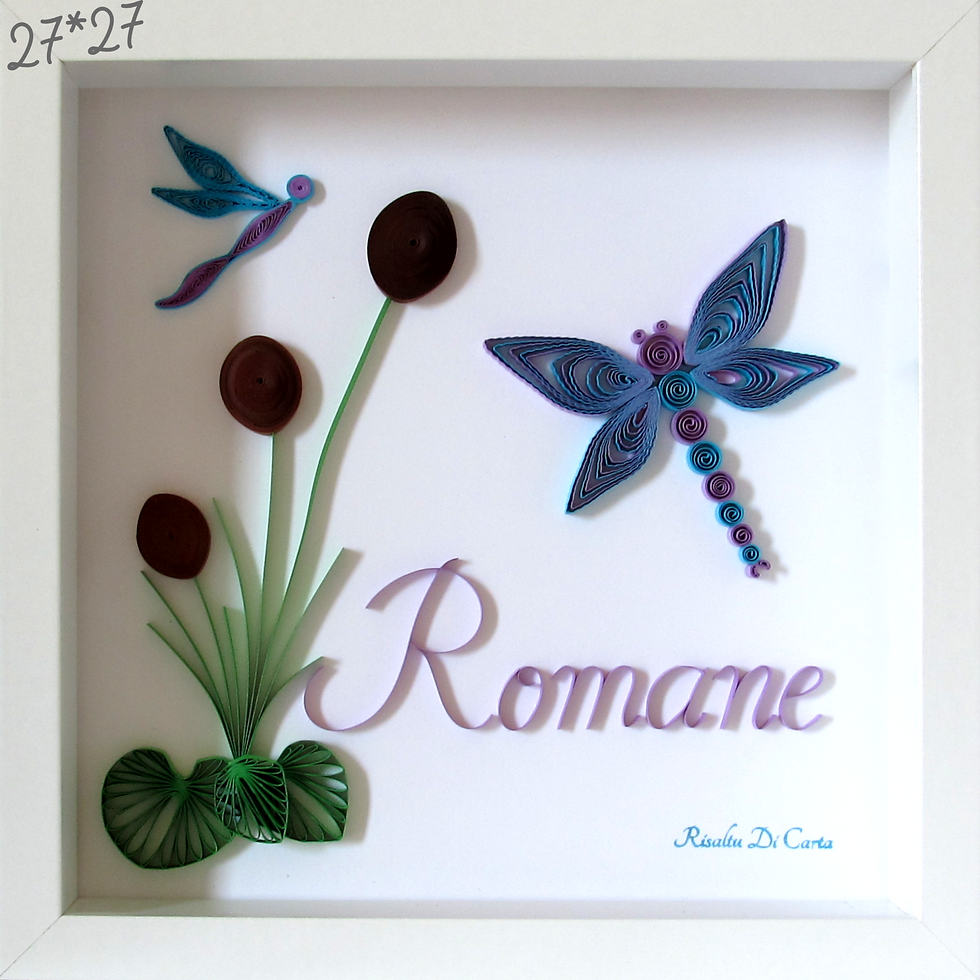 Tableau en quilling avec des libellules bleues et violettes , idéal comme cadeau de naissance ou d'anniversaire