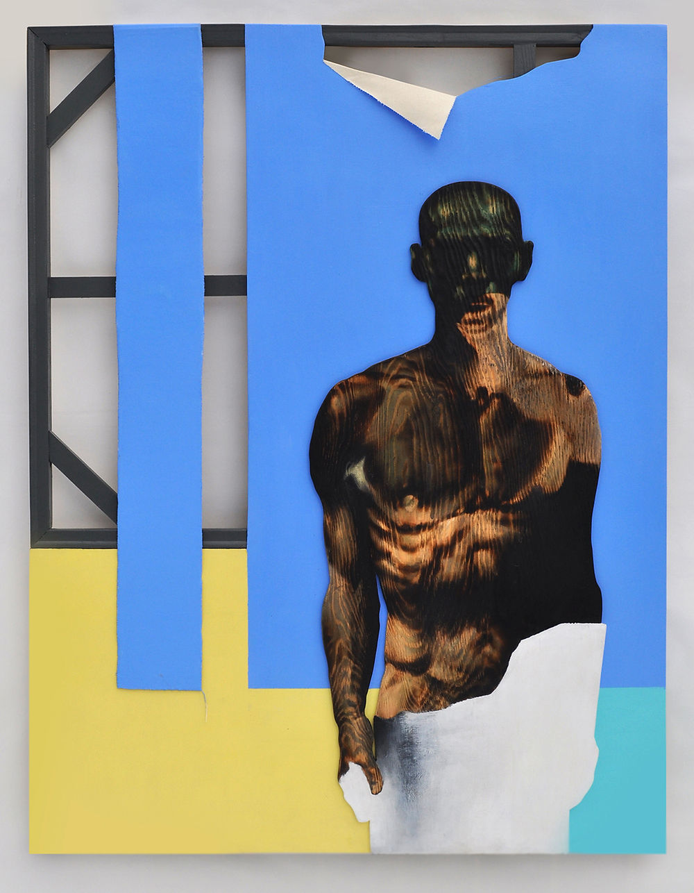 Abstract figure with dark skin, mask, and geometric background