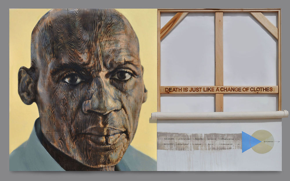 Portrait of Black man; canvas with 'DEATH IS JUST LIKE A CHANGE OF CLOTHES'