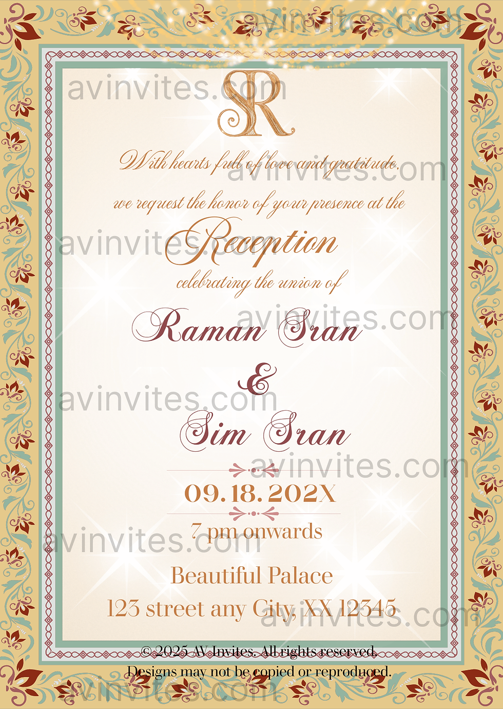 Thumbnail: Traditional Sikh Wedding Invitation with Gurdwara Art & Elegant Florals
