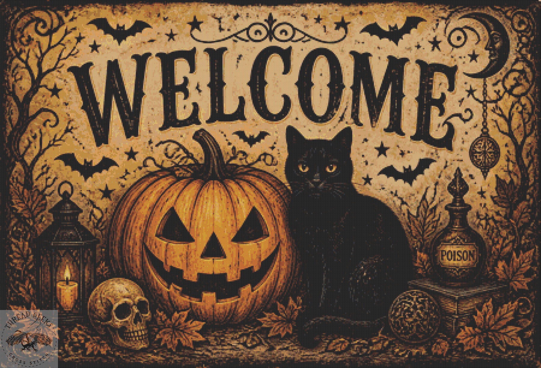 Halloween Pumpkin Cat XL Counted Cross Stitch Chart - Seasonal