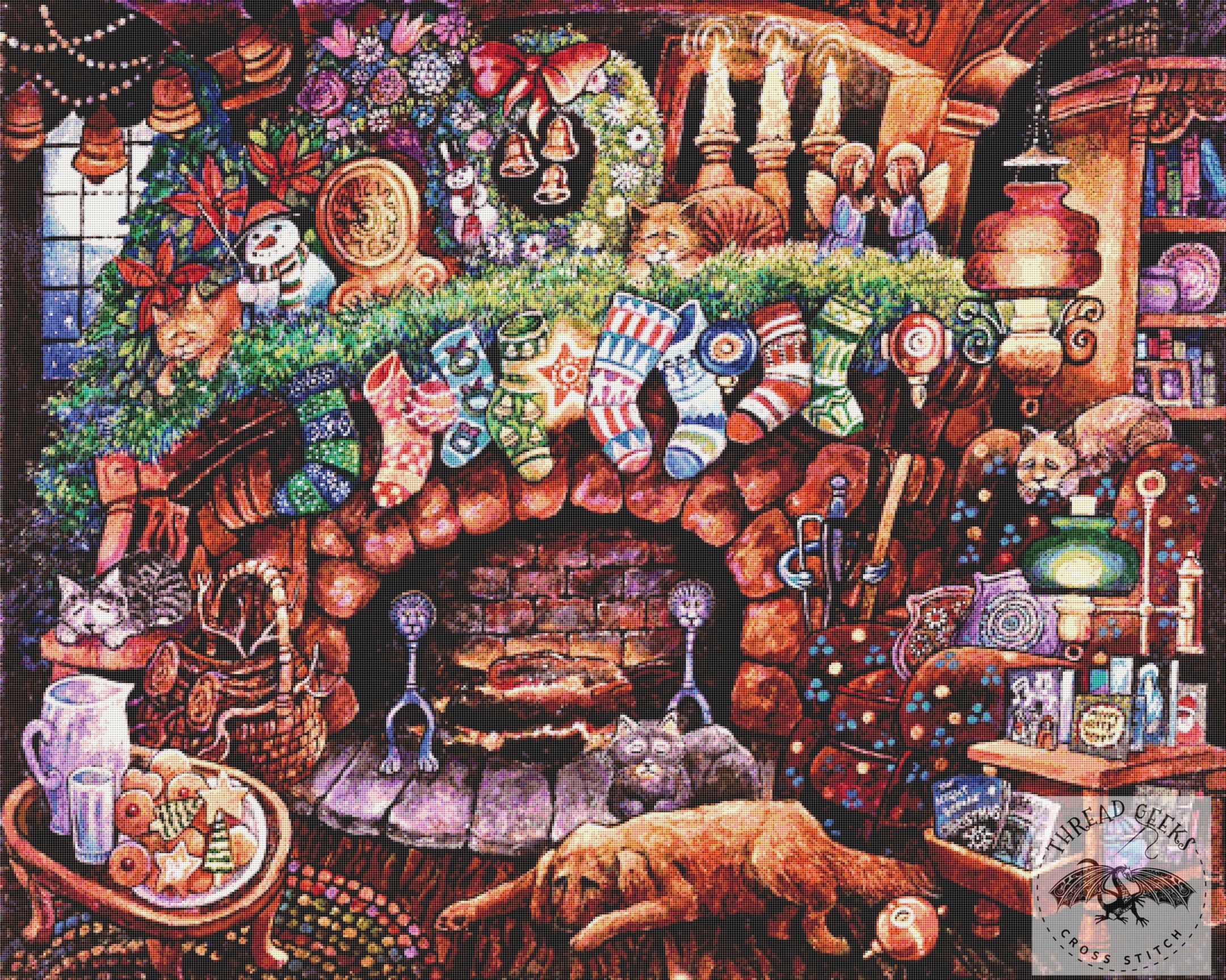 Christmas Night Counted Cross Stitch Chart - Festive Fireplace