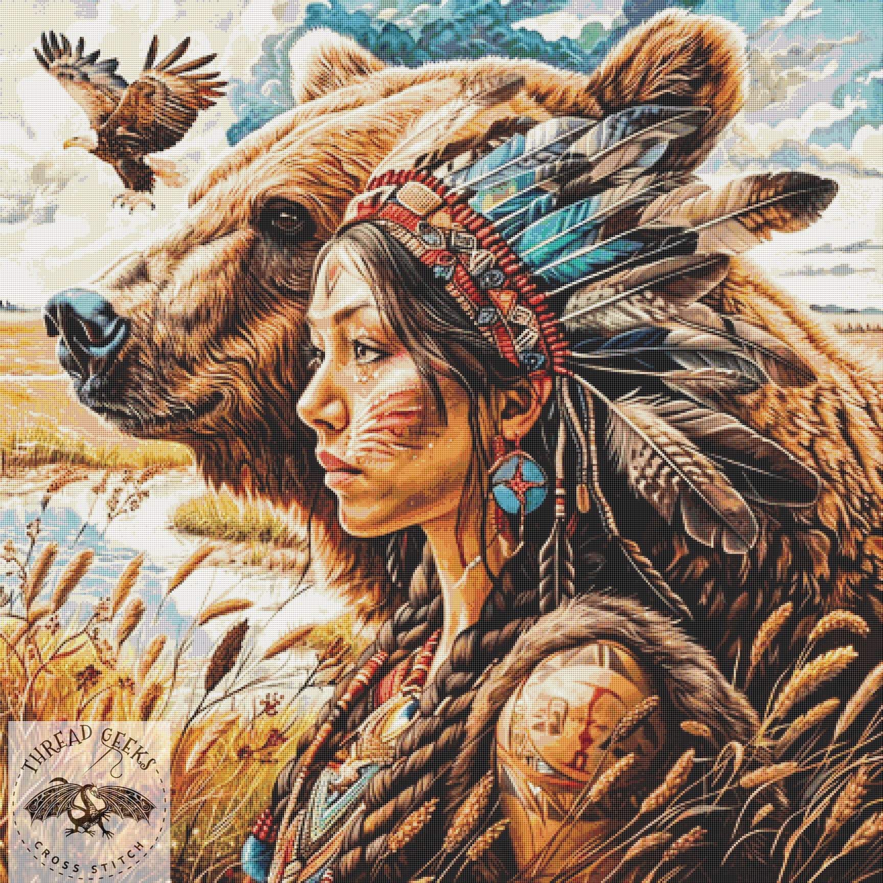 In Spirit Counted Cross Stitch Chart - Native Indian and Bear