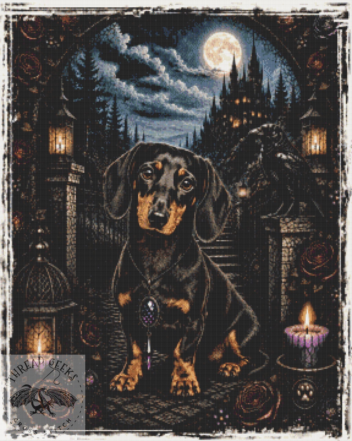 Gothic Dachshund Cross Stitch Chart - Fantasy Garden