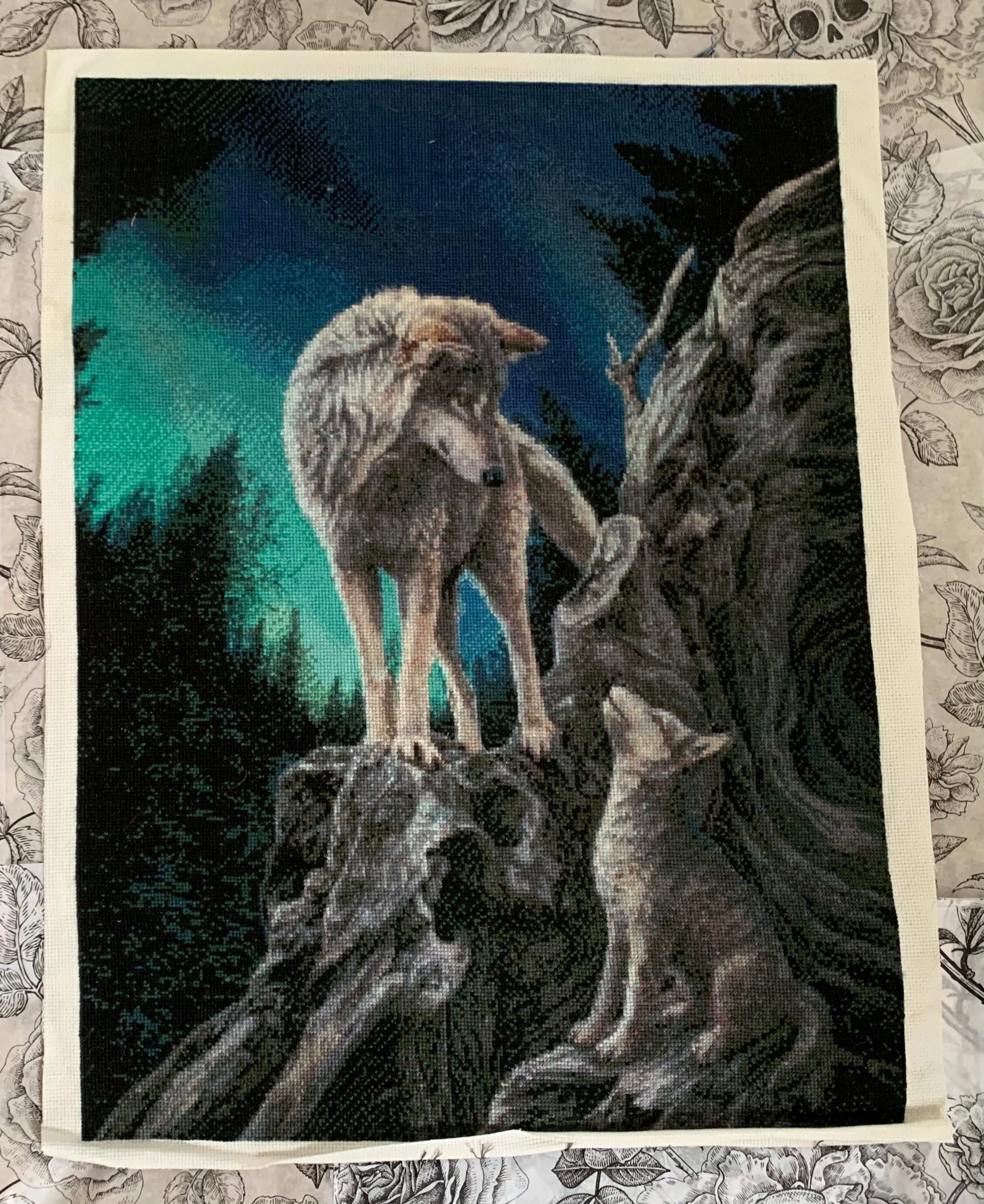 Guardian Wolves Completed Cross Stitch - Unique Gift - HAED
