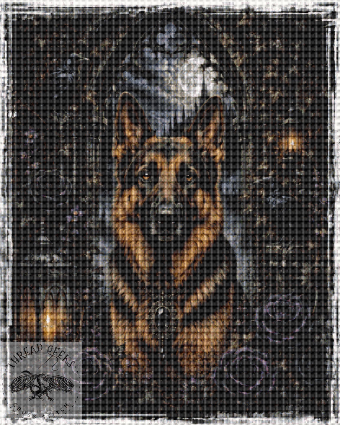 Gothic German Shepherd Cross Stitch Chart - Fantasy Garden