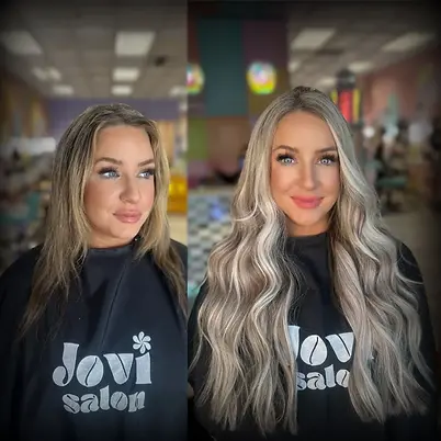 Before and after blonde hand tied hair extensions for instant volume and length at Jovi Salon Virginia Beach.
