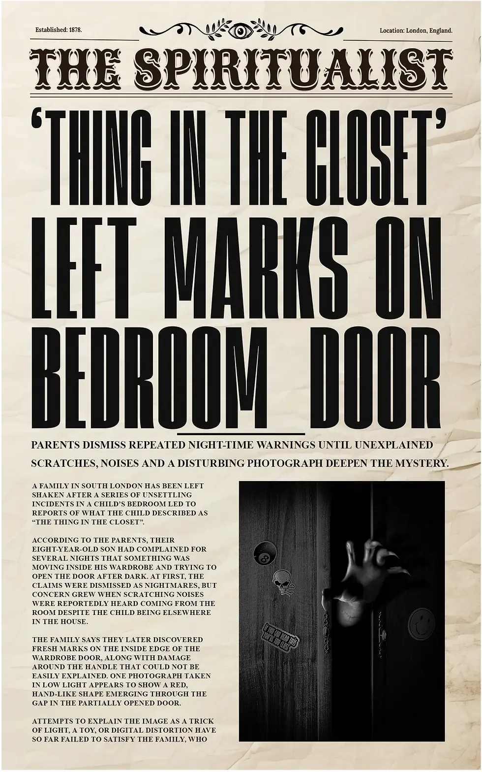 The Spiritualist newspaper: Thing in the Closet headline