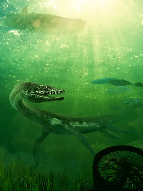 The Loch Ness monster swims beneath a fishing boat chasing fish drawn to the fishermans lure.