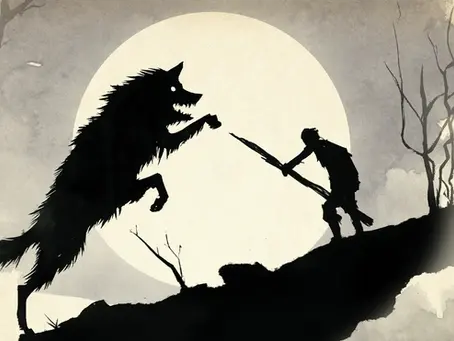 A man stands at the edge of a cliff holding a makeshift spear as a werewolf leaps towards him