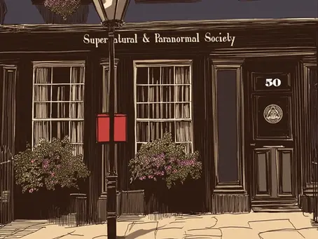 The front of the Supernatural & Paranormal Society building. a 3 floor terraced town house in central London. The ground floor is a simple shop front.